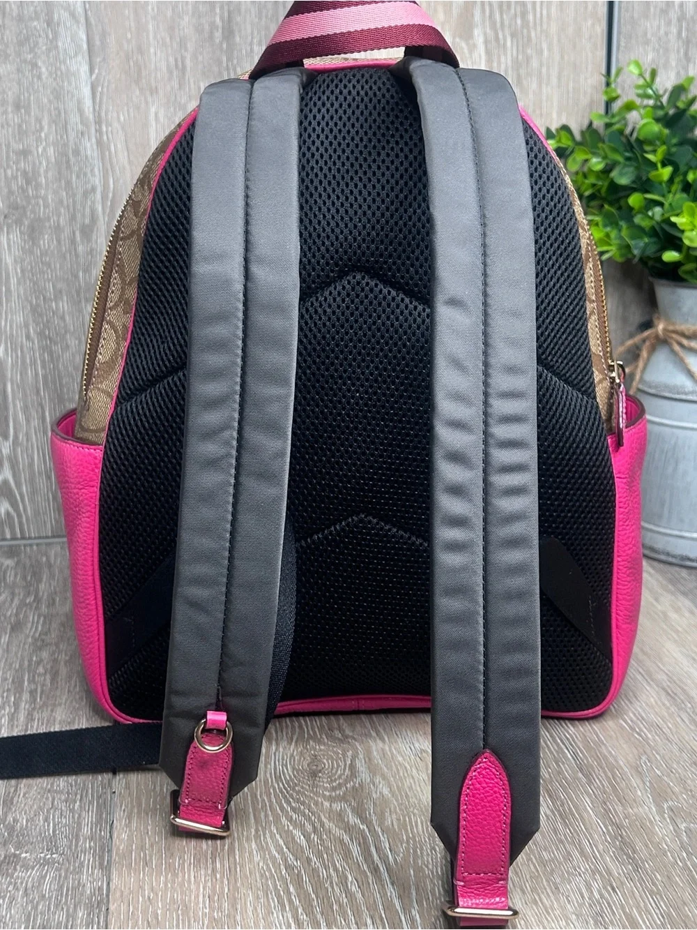 Coach Signature Monogram Pink Leather Trim Backpack – Gold Hardware – Medium